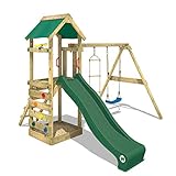 WICKEY Spielturm Klettergerüst FreeFlyer mit Schaukel & grüner Rutsche, Outdoor Kinder Kletterturm mit Sandkasten, Leiter & Spiel-Zubehör für den Garten