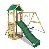 WICKEY Spielturm Klettergerüst FreeFlyer mit Schaukel & grüner Rutsche, Outdoor Kinder Kletterturm mit Sandkasten, Leiter & Spiel-Zubehör für den Garten