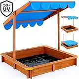 Deuba Sandkasten 120x120cm mit höhenverstellbarem und neigbarem Sonnendach und Bodenplane UV-Schutz 50 Sandkiste Kindersandkasten Buddelkiste Sandbox Sandkiste Kinder