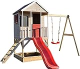 Wendi Toys M9 Summer Adventure House & Plattform & Rutsche | Kinderspielhaus aus Holz auf 90 cm Plattform mit Schaukeln Holzhaus Garten Spielhaus mit Veranda Rutsche, Schaukel, Tafel, Sandkasten