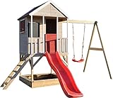 Wendi Toys M9 Summer Adventure House & Plattform & Rutsche | Kinderspielhaus aus Holz auf 90 cm Plattform mit Schaukeln Holzhaus Garten Spielhaus mit Veranda Rutsche, Schaukel, Tafel, Sandkasten