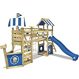 WICKEY Spielturm Klettergerüst StormFlyer mit Schaukel & Blauer Rutsche, Outdoor Kinder Kletterturm mit Sandkasten, Leiter & Spiel-Zubehör für den Garten