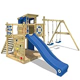 WICKEY Spielturm Smart Camp - Klettergerüst mit Stelzenhaus, massivem Holzdach, Schaukel, Sandkasten, Kletterwand, blauer Plane und blauer Wellenrutsche